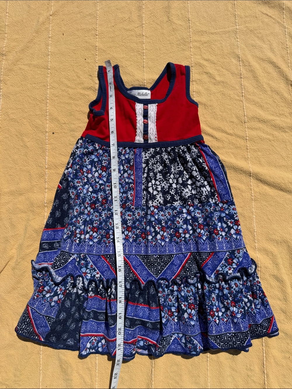 Jona Michelle Red and Navy Floral Patchwork Tiered Dress